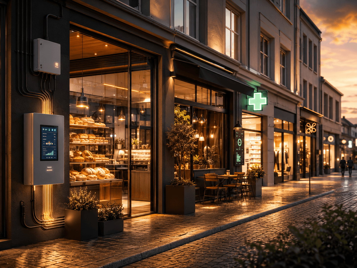 Einzelhandel und Gastronomie in einer Innenstadt mit digitaler Energiemessung
