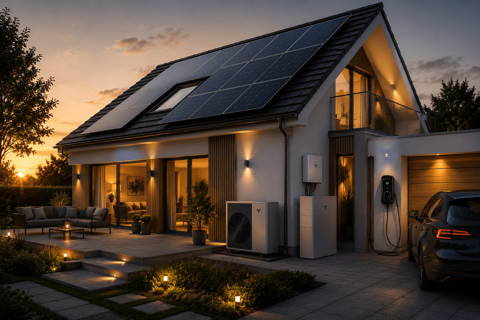 Einfamilienhaus mit Photovoltaik, Stromspeicher, Wärmepumpe und Wallbox in der Abenddämmerung