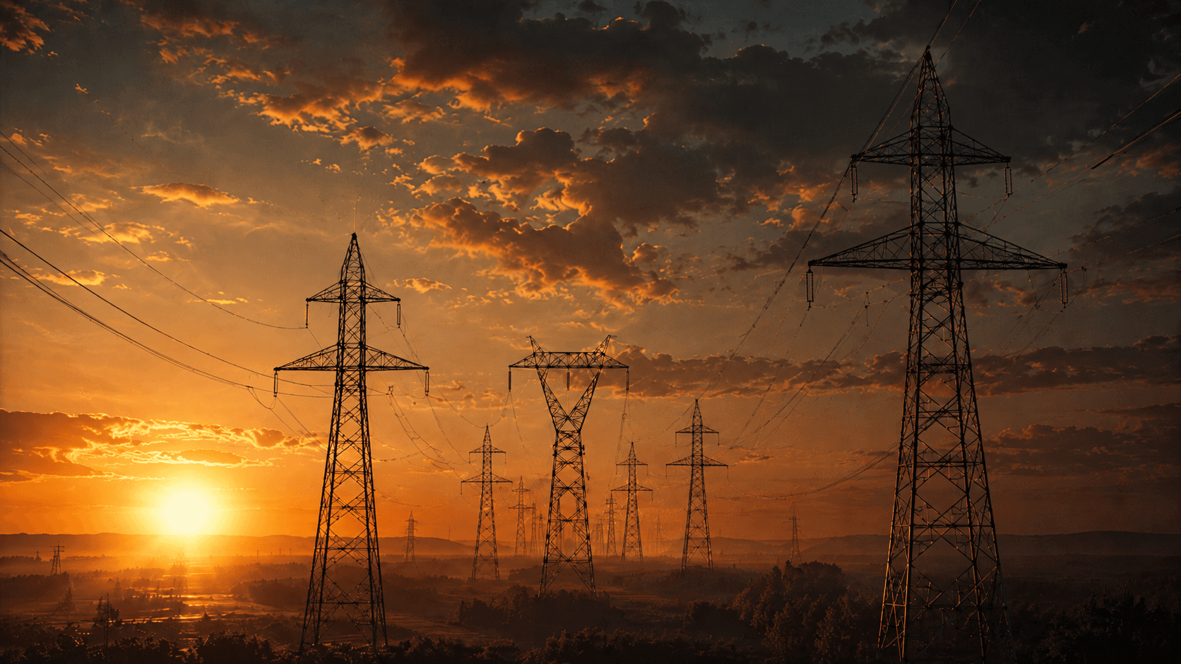Hochspannungsleitungen und Strommasten im Abendlicht