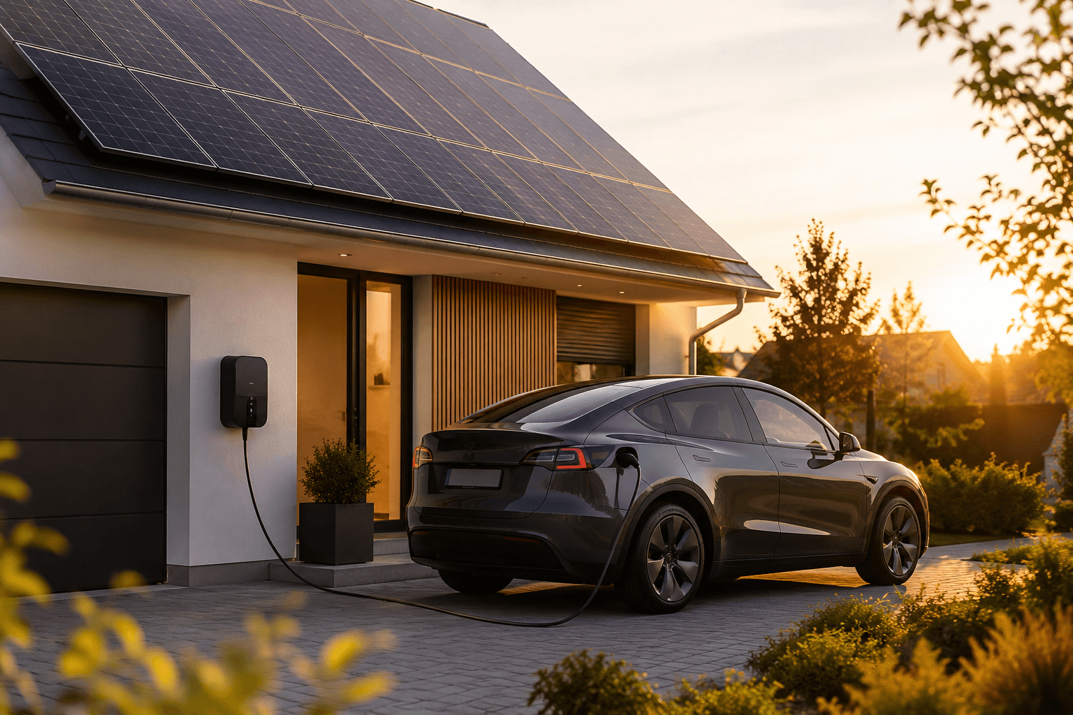 E-Auto lädt an einer Wallbox neben Garage mit Photovoltaik-Anlage im Sonnenuntergang