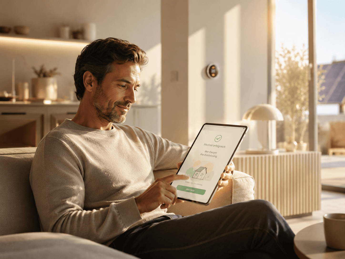 Mann prüft entspannt auf dem Sofa per Tablet seinen Energievertrag